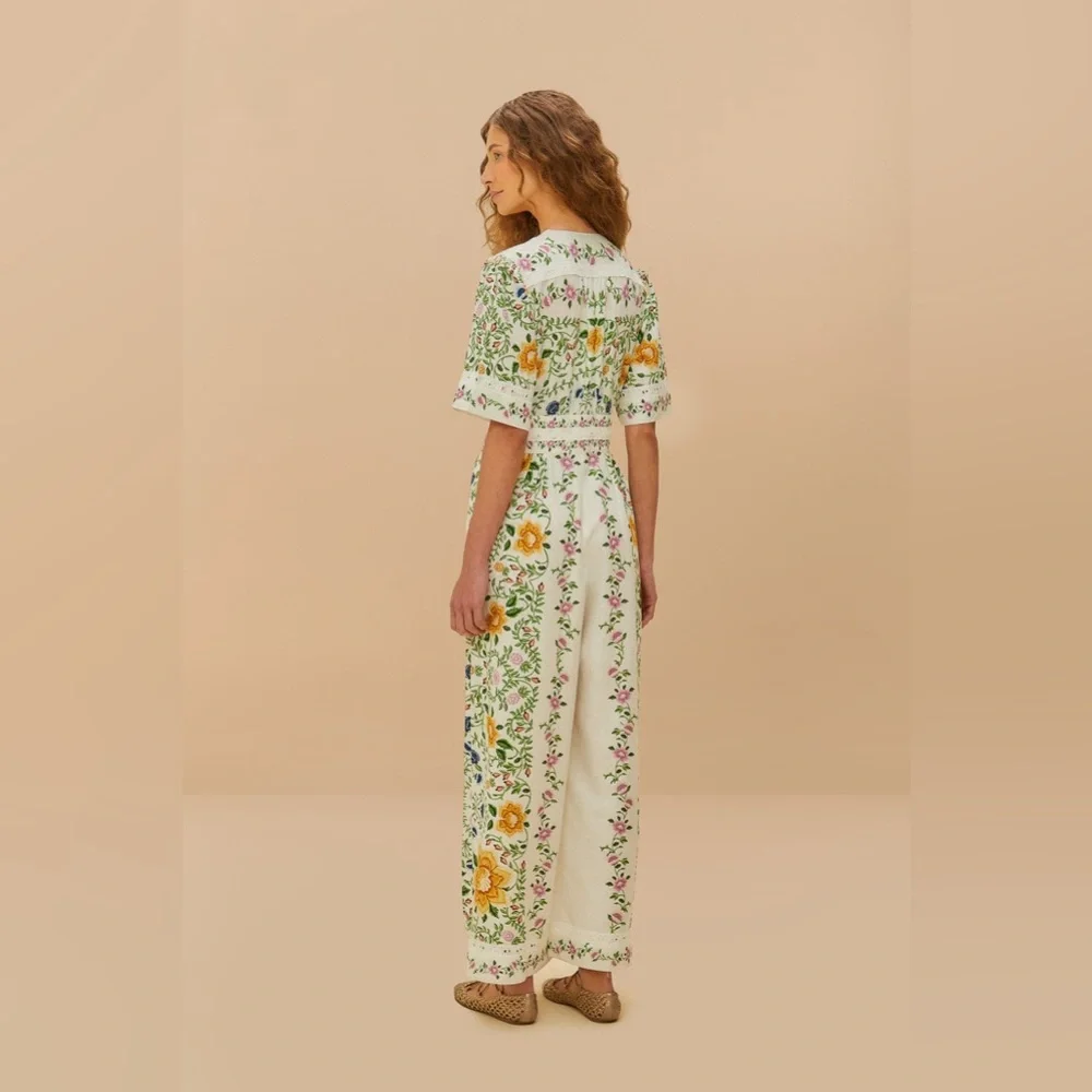 Farm Rio Anthropologie Folk Floral Linen Blend Short Sleeve Jumpsuit Medium - Picture 3 of 8
